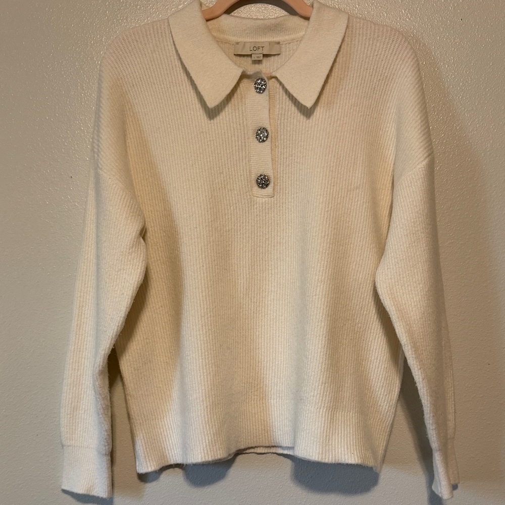 Loft Cream Collared Knit Pullover With Decorative… - image 4